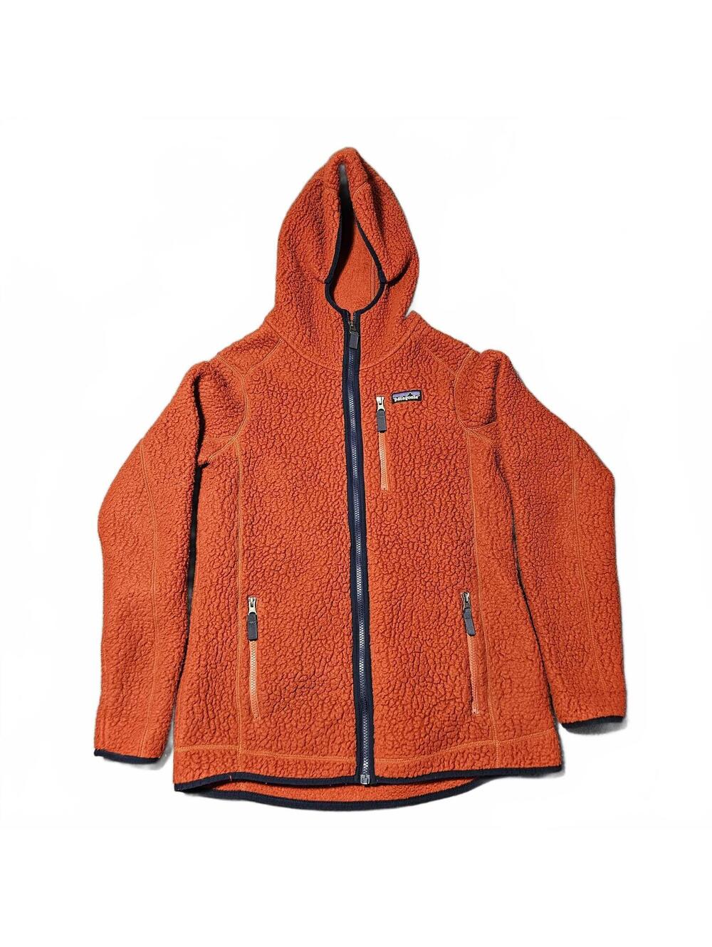 Patagonia L Orange Full Zip Hooded Fleece Jacket Worn Wear Outdoor Warmth
